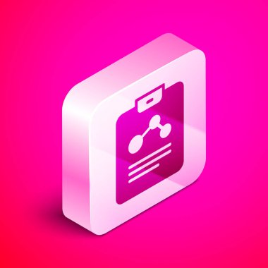 Pembe arka planda izole edilmiş Isometric Kimya raporu simgesi. Gümüş kare düğme. Vektör.