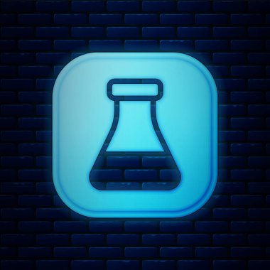Parlayan neon test tüpü ve kimyasal test ikonu tuğla duvar arkasında izole edilmiş. Laboratuvar cam levhası. Vektör.