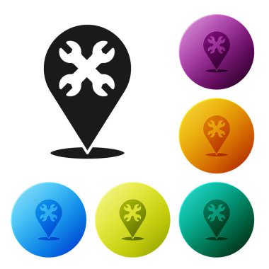 İngiliz anahtarı simgesine sahip siyah konum beyaz arkaplanda izole edildi. Ayarlama, servis, ayar, bakım, onarım, onarım. Simgeleri renk daire düğmelerine ayarla. Vektör.