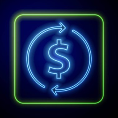 Parlayan neon neon madeni büyüme ve dolar madeni para ikonu mavi arka planda izole edildi. Gelirleri arttırıyorum. Vektör.