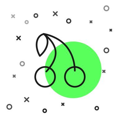 Beyaz arkaplanda siyah çizgi kiraz ikonu izole edildi. Yaprak sembollü meyve. Vektör.