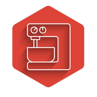 Beyaz çizgi elektrikli karıştırıcı ikonu uzun gölgeli izole edilmiş. Mutfak blenderi. Kırmızı altıgen düğmesi. Vektör.