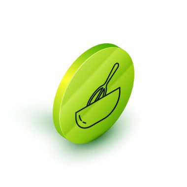 Isometric Line Kitchen çırpma ve bowling ikonu beyaz arka planda izole. Mutfak aletleri, yumurta çırpıcı. Çatal bıçak seti. Yemek karışımı sembolü. Yeşil daire düğmesi. Vektör.