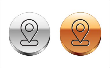 Siyah çizgi harita pin simgesi beyaz arkaplanda izole edildi. Navigasyon, işaret, konum, harita, GPS, yön, yer, pusula, arama konsepti. Gümüş-altın halka düğmesi. Vektör.