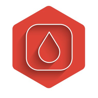 Beyaz çizgi Su damlası ikonu uzun gölgeli izole edilmiş. Kırmızı altıgen düğmesi. Vektör.