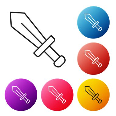 Oyun simgesi için Siyah Çizgi Kılıcı beyaz arkaplanda izole edildi. Renkli daire düğmelerini ayarlayın. Vektör.