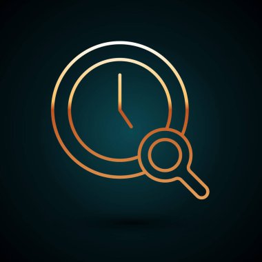 Koyu mavi zemin üzerinde saat simgesi olan altın çizgili büyüteç. Saat araması. Vektör.