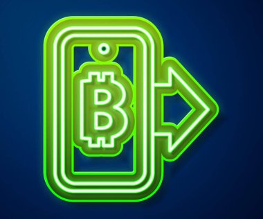 Mavi arka planda izole edilmiş gezici ikondan parlayan neon hattı madencilik bitcoin. Kripto para birimi madenciliği, engelleme zinciri teknoloji servisi. Vektör.