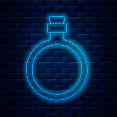 Parlayan neon hattı kantin su şişesi ikonu tuğla duvar arkasında izole edilmiş. Turist matarası ikonu. Kampanyada bir kavanoz su kullanıldı. Vektör.