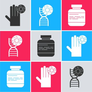 Virüslü El, DNA sembolü, virüs, ilaç şişesi ve hap ikonu. Vektör.