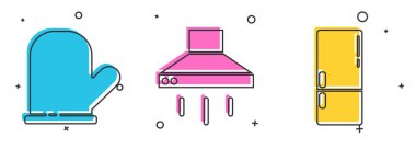 Fırın eldiveni, mutfak vantilatörü ve buzdolabı ikonu. Vektör.