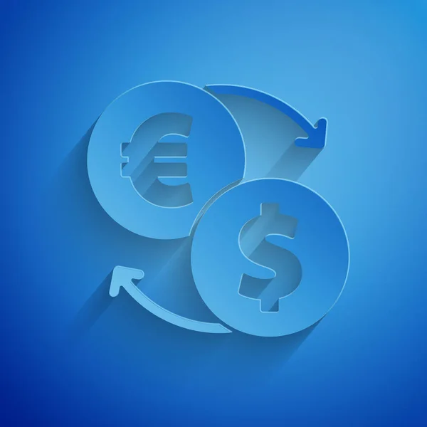 Paper Cut Money Exchange Icon Isolated Blue Background Euro Dollar — Stock Vector