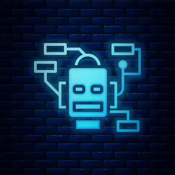 Icono Brillante Robot Neón Aislado Fondo Pared Ladrillo Inteligencia Artificial — Vector de stock