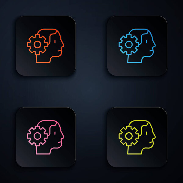 Color neon line Humanoid robot icon isolated on black background. Artificial intelligence, machine learning, cloud computing. Set icons in square buttons. Vector.