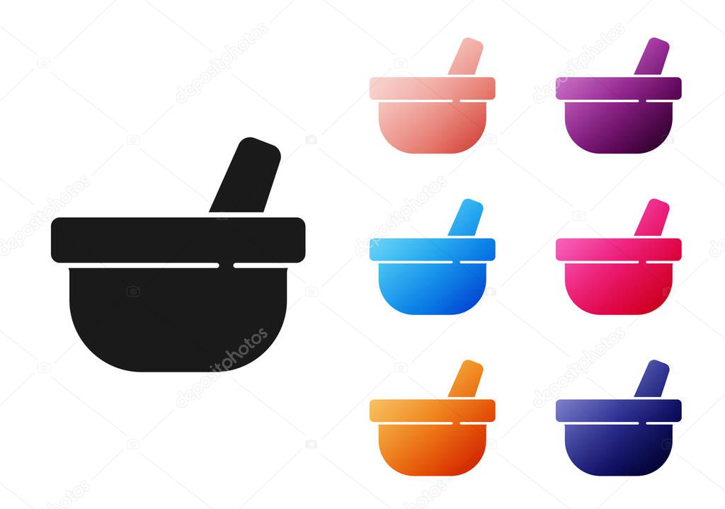 Black Mortar and pestle icon isolated on white background. Set icons colorful. Vector.