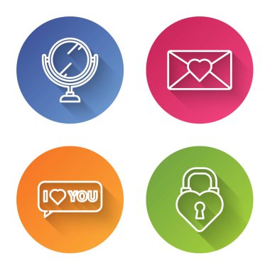 Yuvarlak makyaj aynası, Zarfı 8 Mart, Konuşma baloncuğu ve seni seviyorum ve Castle kalp şeklinde. Renkli daire düğmesi. Vektör.