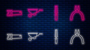 El arabası, odun, el testeresi ve pense için keski aleti ayarlayın. Tuğla duvarda parlayan neon simgesi. Vektör.