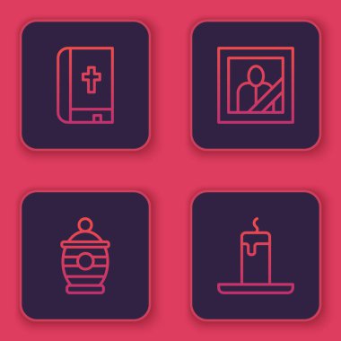 Kutsal İncil kitabı, cenaze vazosu, yas tutan fotoğraf çerçevesi ve yanan mum. Mavi kare düğme. Vektör.