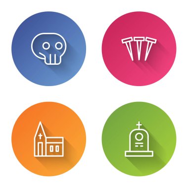 Kafatası, Metalik çiviler, Kilise binası ve mezar taşlı mezar taşı. Renkli daire düğmesi. Vektör.