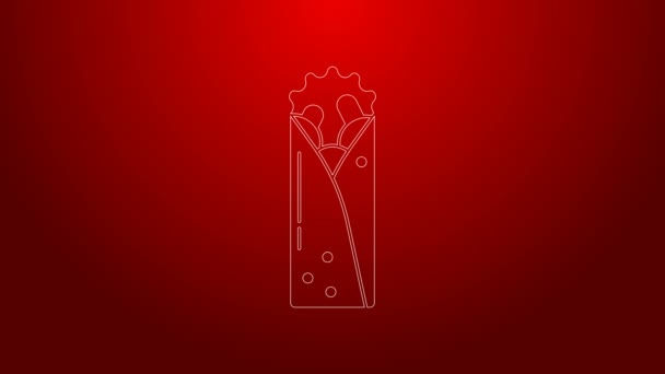 Línea verde Doner icono de kebab aislado sobre fondo rojo. Señal de Shawarma. Menú de comida rápida. Animación gráfica de vídeo 4K — Vídeos de Stock