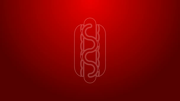Zelená čára Hotdog sendvič s ikonou hořčice izolované na červeném pozadí. Ikona klobásy. Pouliční fast food menu. Grafická animace pohybu videa 4K — Stock video