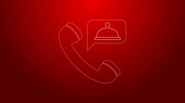 Yeşil çizgi yiyecek siparişi kırmızı arkaplanda izole edilmiş ikon. Cep telefonuyla sipariş verin. Restoran yemek teslimatı konsepti. 4K Video hareketli grafik canlandırması