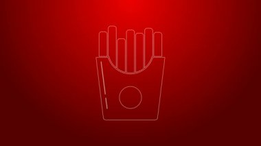 Kırmızı arka planda izole edilmiş karton paket ikonunda yeşil çizgi patates kızartması. Fast food menüsü. 4K Video hareketli grafik canlandırması