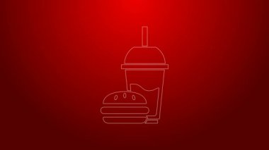 Kırmızı zemin üzerinde saman ve burger simgesi bulunan yeşil çizgi kağıt bardak. Soda su içme tabelası. Hamburger, çizburger sandviçi. 4K Video hareketli grafik canlandırması