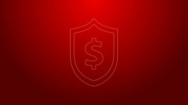 Kırmızı arkaplanda dolar sembolü olan yeşil çizgi kalkanı. Güvenlik kalkanı koruması. Para güvenliği konsepti. 4K Video hareketli grafik canlandırması