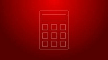 Yeşil çizgi hesap makinesi simgesi kırmızı arkaplanda izole edildi. Muhasebe sembolü. İş hesaplamaları matematik eğitimi ve finans. 4K Video hareketli grafik canlandırması