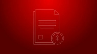 Yeşil çizgi Finans belgesi simgesi kırmızı arkaplanda izole edildi. Fatura ya da fatura konsepti için dolar sikkesi olan kağıt banka belgesi. 4K Video hareketli grafik canlandırması