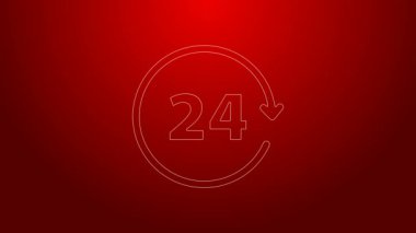 Yeşil Çizgili Saat 24 saat simgesi kırmızı arkaplanda izole edildi. Tüm gün döngü simgesi. 24 saat hizmet sembolü. 4K Video hareketli grafik canlandırması
