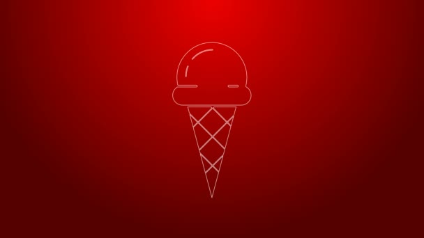 绿线冰淇淋在华夫饼锥形图标孤立在红色背景.甜蜜的象征。4K视频运动图形动画 — 图库视频影像