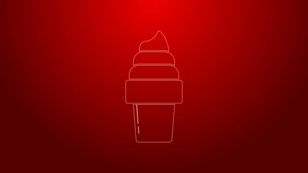 Línea verde Helado en icono de cono de gofre aislado sobre fondo rojo. Dulce símbolo. Animación gráfica de vídeo 4K — Vídeos de Stock