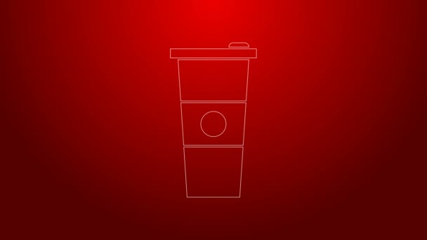 Green line Paper glass and water icon isolated on red background. Soda drink glass. Fresh cold beverage symbol. 4K Video motion graphic animation — Stock Video