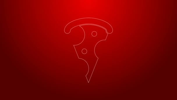 Línea verde Rebanada del icono de la pizza aislada sobre fondo rojo. Menú de comida rápida. Animación gráfica de vídeo 4K — Vídeo de stock