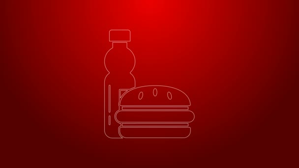 Linha verde Garrafa de água e ícone de hambúrguer isolado no fundo vermelho. Sinal de bebida com refrigerante. Hambúrguer, sanduíche de cheeseburger. Menu de fast food. Animação gráfica em movimento de vídeo 4K — Vídeo de Stock