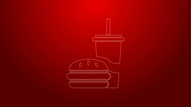 Groene lijn Papier glas met drinkstro en burger pictogram geïsoleerd op rode achtergrond. Soda aqua bordje. Hamburger, cheeseburger sandwich. 4K Video motion grafische animatie — Stockvideo