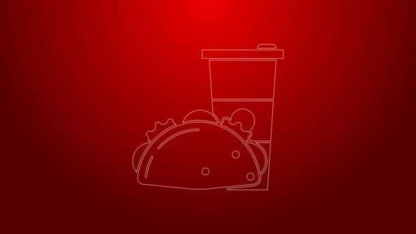 Zöld vonal Papír üveg és taco tortilla ikon elszigetelt piros háttér. Üdítőital tábla. Hamburger, hamburger, sajtburger szendvics. 4K Videó mozgás grafikus animáció — Stock videók