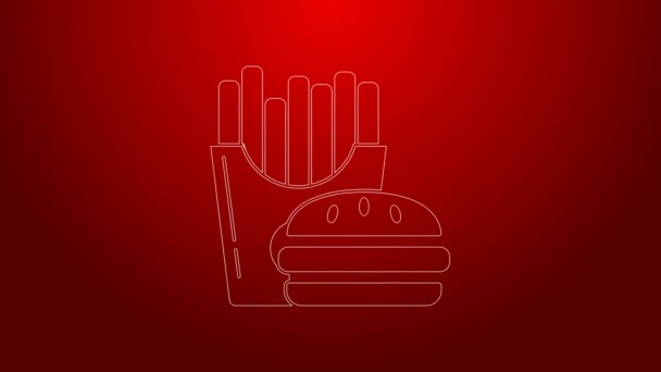 Zielona linia Burger i frytki w kartonowym opakowaniu ikona pudełka izolowane na czerwonym tle. Hamburger, kanapka z cheeseburgerem. Szybkie menu. 4K Animacja graficzna ruchu wideo — Wideo stockowe