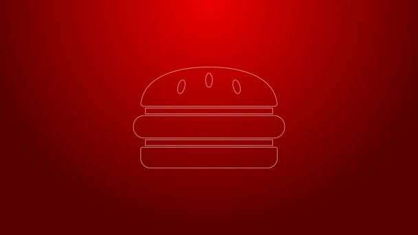 Icona Burger linea verde isolato su sfondo rosso. Icona hamburger. Segno panino al cheeseburger. Menù fast food. Animazione grafica 4K Video motion — Video Stock