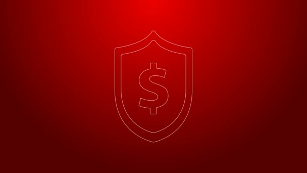 Escudo de línea verde con símbolo de dólar icono aislado sobre fondo rojo. Protección del escudo de seguridad. Concepto de seguridad monetaria. Animación gráfica de vídeo 4K — Vídeos de Stock