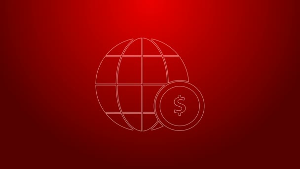 Zöld vonal Föld földgömb dollár szimbólum elszigetelt piros háttér. Világ vagy Föld jel. Globális internet szimbólum. Geometrikus formák. 4K Videó mozgás grafikus animáció — Stock videók