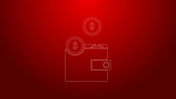 Grüne Linie Brieftasche mit Münzsymbol auf rotem Hintergrund. Portemonnaie. Bargeldsparsymbol. 4K Video Motion Grafik Animation — Stockvideo