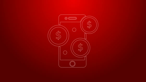 Πράσινη γραμμή Smartphone με σύμβολο δολάριο εικονίδιο απομονώνονται σε κόκκινο φόντο. Διαδικτυακή ιδέα αγορών. Οικονομική εικόνα κινητού τηλεφώνου. Online πληρωμή. 4K Γραφική κίνηση κίνησης βίντεο — Αρχείο Βίντεο