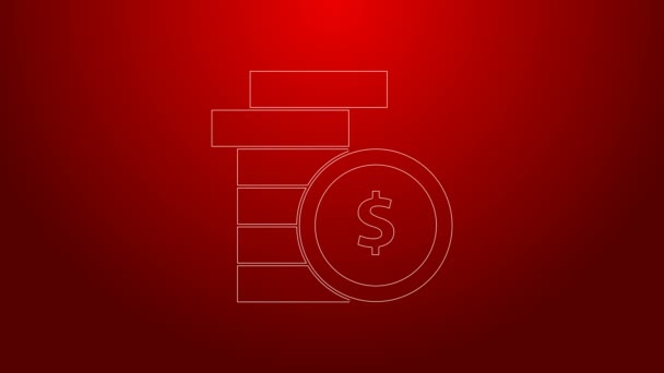Zöld vonal Érme pénzt dollár szimbólum ikon elszigetelt piros háttér. Banki pénznem jel. Készpénz szimbólum. 4K Videó mozgás grafikus animáció — Stock videók