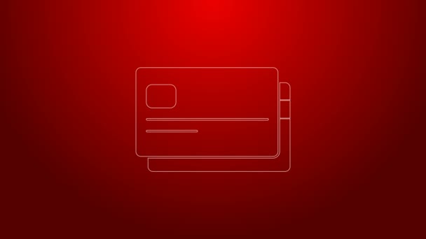 Linea verde Icona della carta di credito isolata su sfondo rosso. Pagamento online. Ritiro contanti. Operazioni finanziarie. Segno della spesa. Animazione grafica 4K Video motion — Video Stock