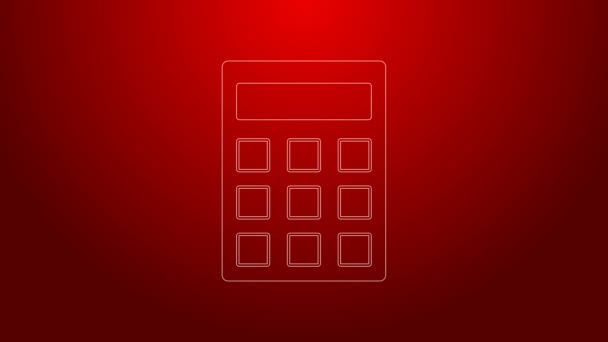 Icono de la calculadora de línea verde aislado sobre fondo rojo. Símbolo contable. Cálculos de negocio matemáticas educación y finanzas. Animación gráfica de vídeo 4K — Vídeos de Stock