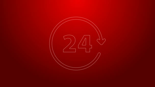 Zelená čára Hodiny 24 hodin ikona izolované na červeném pozadí. Celodenní cyklická ikona. 24 hodinový symbol služby. Grafická animace pohybu videa 4K — Stock video