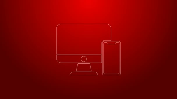 Zielona linia Monitor komputerowy i ikona telefonu komórkowego izolowane na czerwonym tle. Zarabianie w Internecie, marketing. 4K Animacja graficzna ruchu wideo — Wideo stockowe
